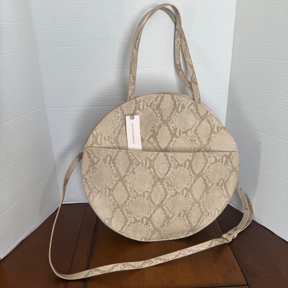 Anthropologie Round Snake Print Crossbody Bag Tan Beige Faux Leather New Tag